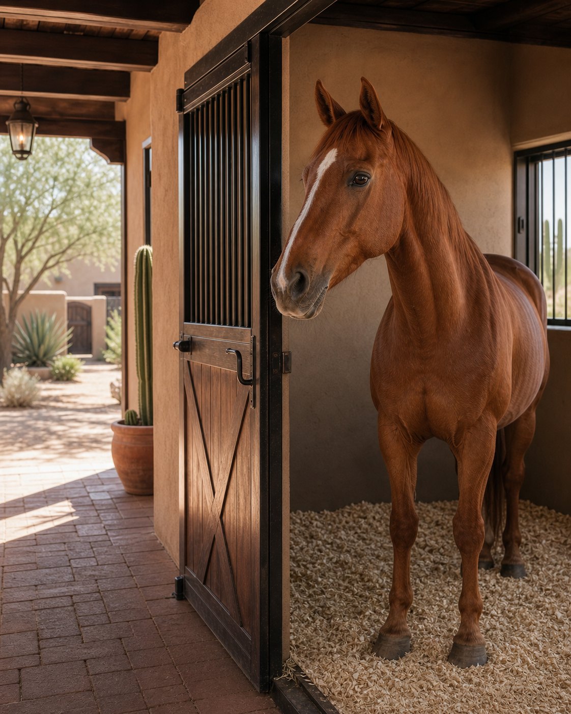 A chestnut horse standing in a shaded Arizona boarding stall