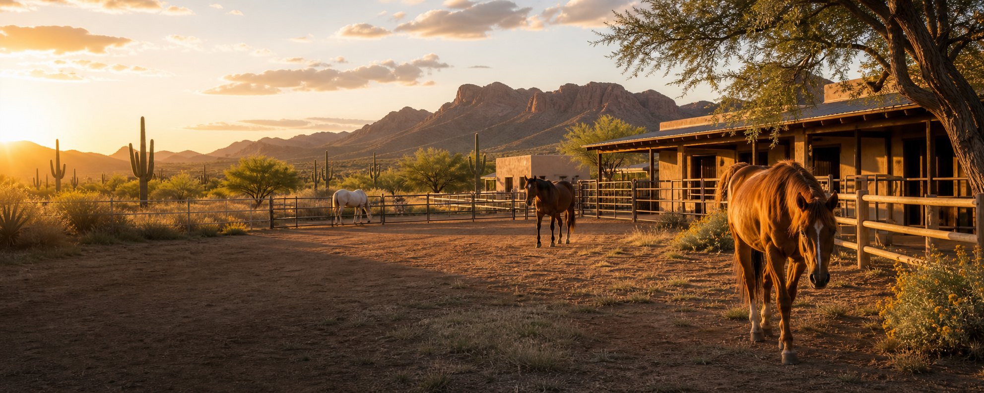 Horses beside the Arizona Horse Haven stable at golden hour