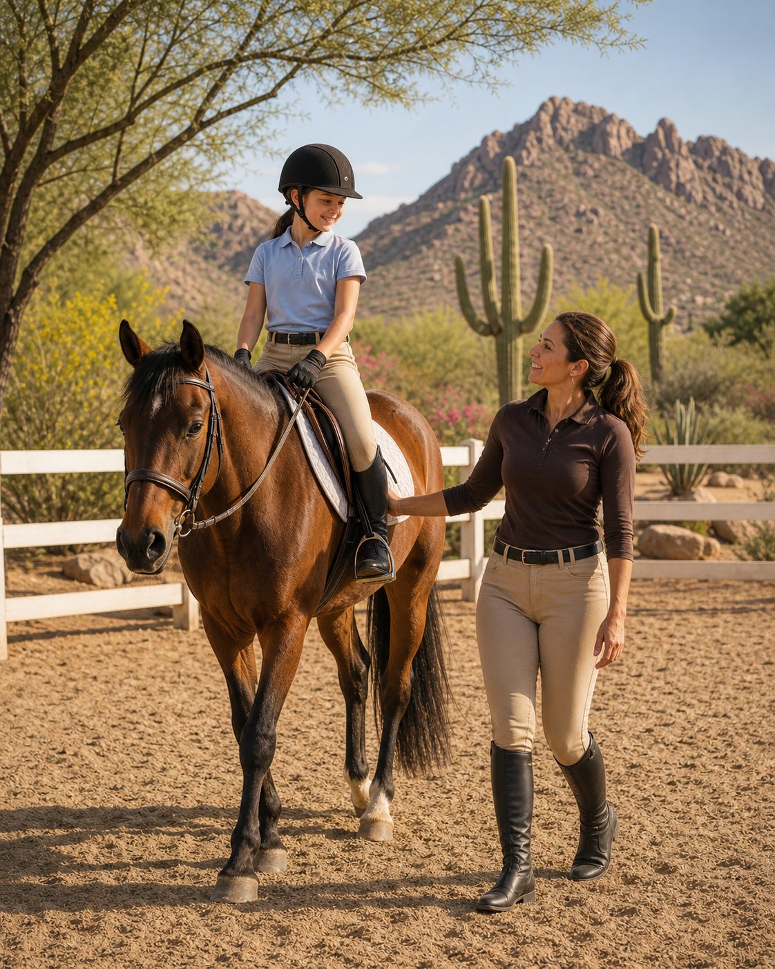 An instructor walking beside a young rider in an Arizona arena