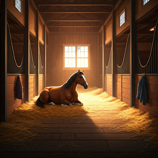 A horse resting in a sunlit stall