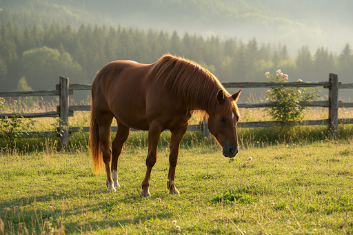 A majestic brown horse in a green pasture