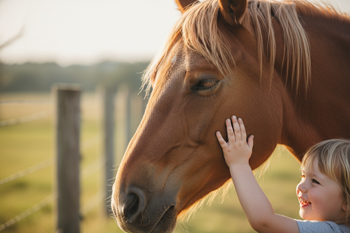 A child gently petting a horse