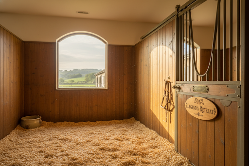 A sunlit indoor box stall