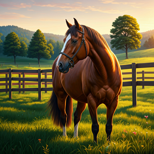 Horses grazing in warm sunlight